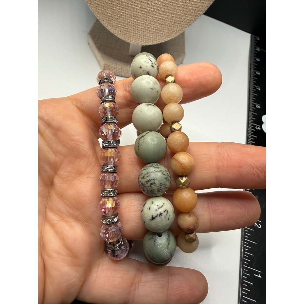 Set of 3 Beaded Stretch Bracelets‎ Green Stone Peach Natural Pink Glass Sparkle
